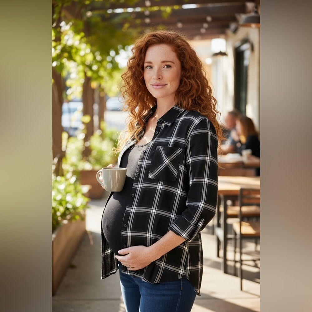 NWT Isabel Women’s Black White Plaid Button-Up Maternity Top Shirt Blouse Size S